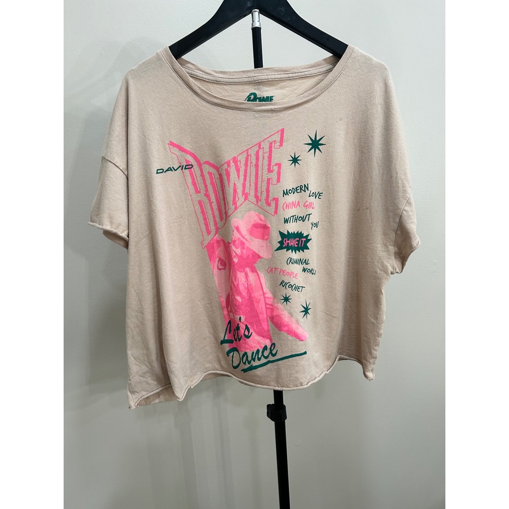 David Bowie Lets Dance Graphic Tee Tan Pink Green Cropped Raw Hem T-Shirt